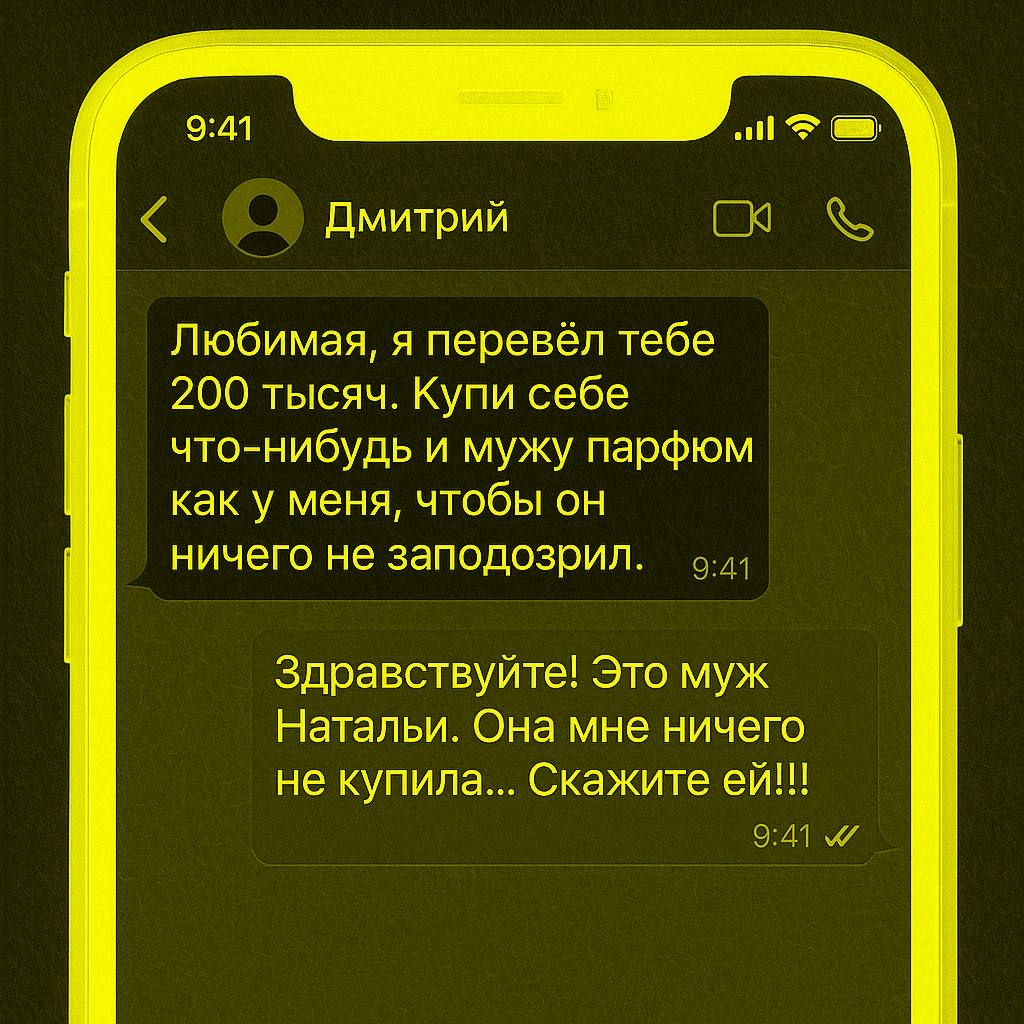 Любимая, я перевёл тебе 200 тысяч. Купи себе что-нибудь и мужу парфюм как у меня, чтобы он ничего не заподозрил.

Здравствуйте! Это муж Натальи. Она мне ничего не купила... Скажите ей!!!