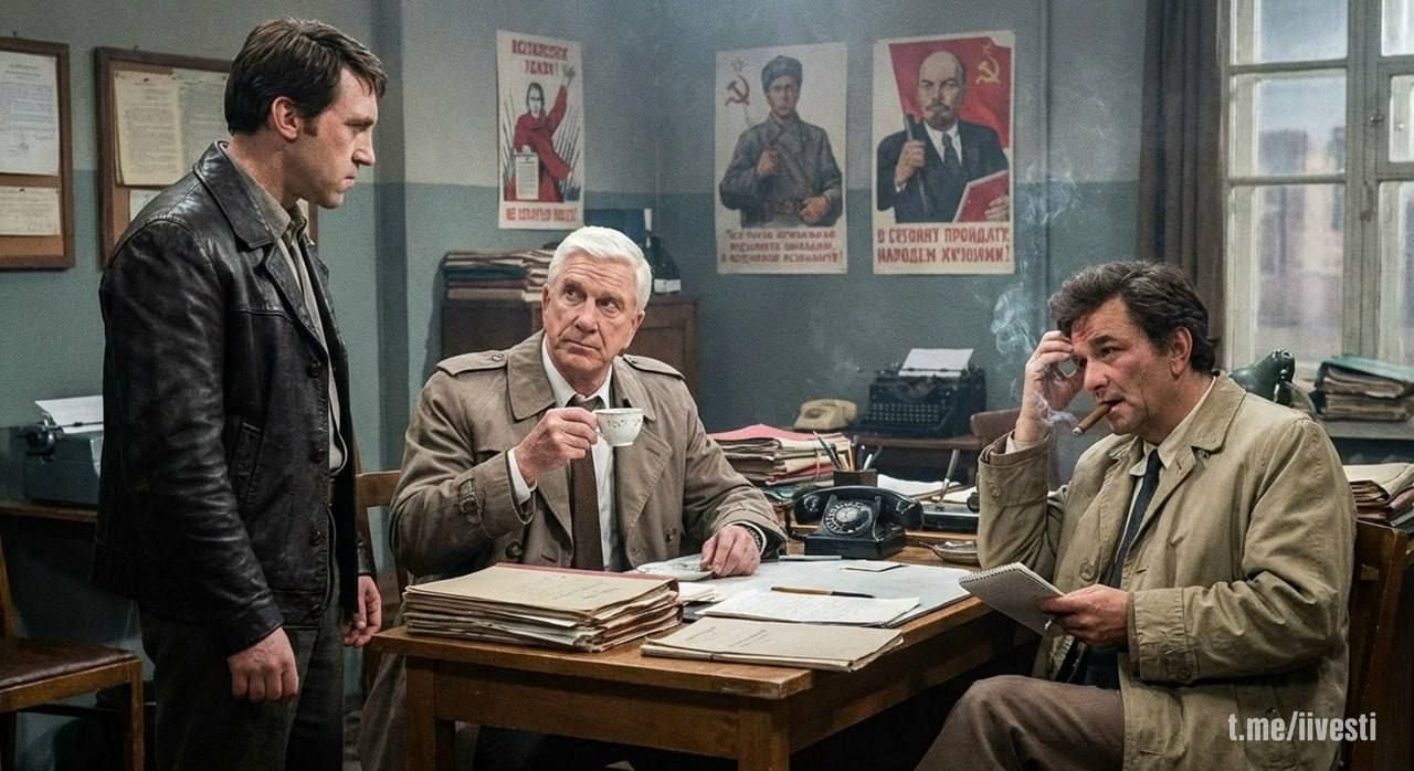 Три мужчины в офисе. За столом сидит старший мужчина в сером костюме, пьет кофе; рядом стоит молодой мужчина в кожаном плаще; на другом краю стола ещё один мужчина держит документы. На стене висят постеры, вокруг много бумаг и старой техники.