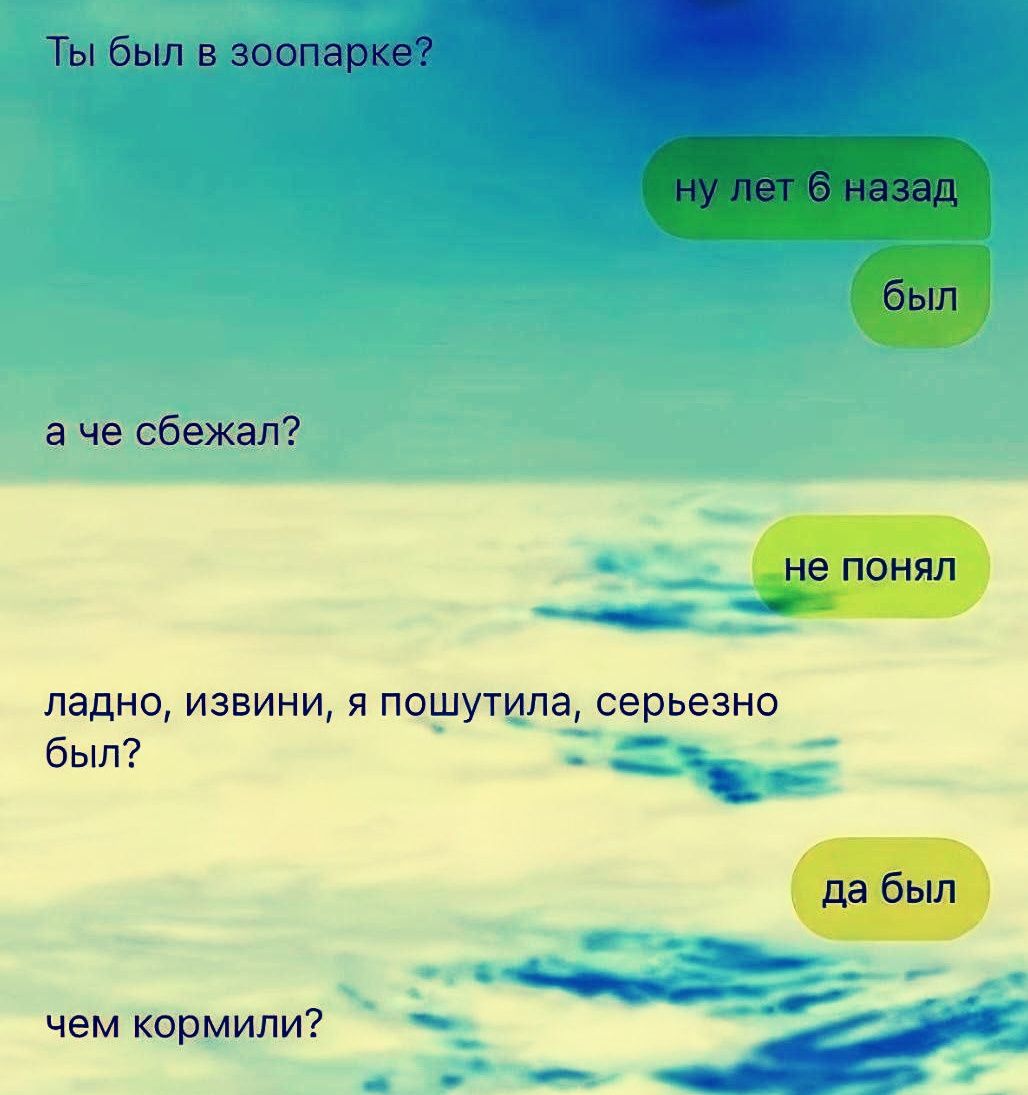 Ты был в зоопарке?
ну лет 6 назад
был
а че сбежал?
не понял
ладно, извини, я пошутила, серьёзно был?
да был
чем кормили?