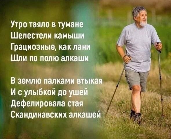 Утро таяло в тумане
Шелестели камыши
Грациозные, как лани
Шли по полю алкаши

В землю палками вттыкая
И с улыбкой до ушей
Дефелировала стоя
Скандинавских алкогшей