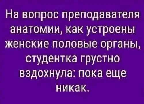 На вопрос преподавателя анатомии, как устроены женские половые органы, студентка грустно вздохнула: пока еще никак.