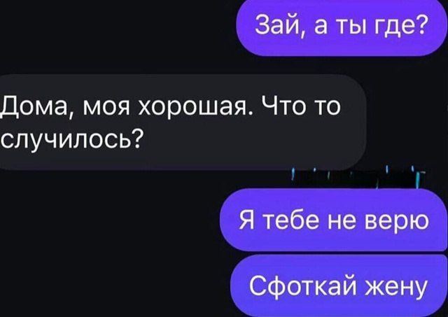Зай, а ты где? Домa, моя хорошая. Что то случилось? Я тебе не верю Сфоткай жену