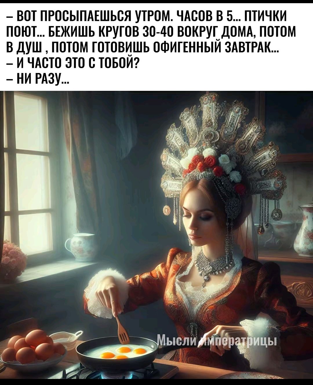 - Вот просыпаешься утром. Часов в 5... птички поют... бежишь кругов 30-40 вокруг дома, потом в душ, потом готовишь офигенный завтрак... - И часто это с тобой? - Ни разу...