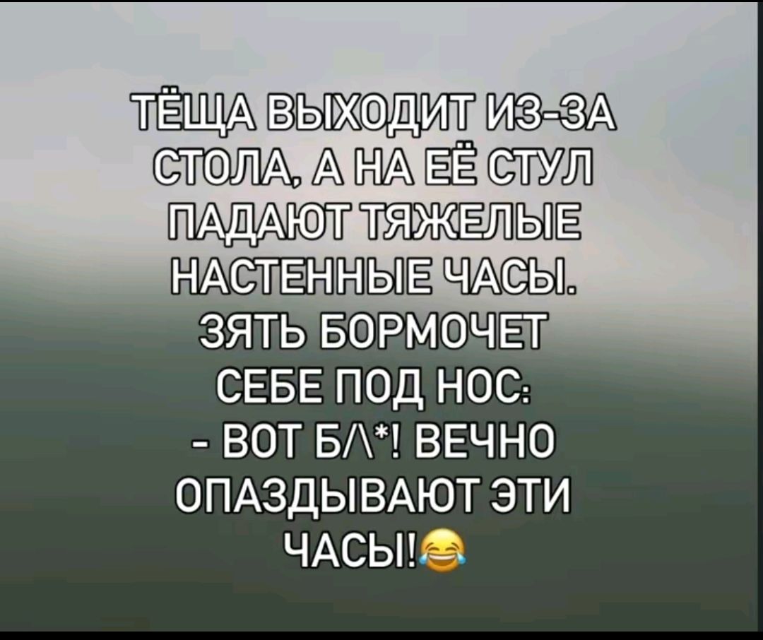 Тёща выходит из-за стола, а на её стул падают тяжелые настенные часы. Зять бормочет себе под нос: - Вот б/*! Вечно опаздывают эти часы!