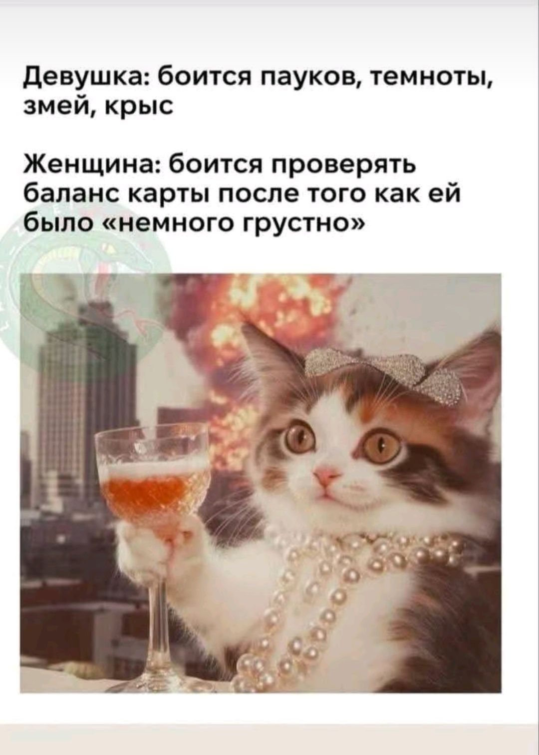 Девушка: боится пауков, темноты, змей, крыс

Женщина: боится проверять баланс карты после того как ей было «немного грустно»