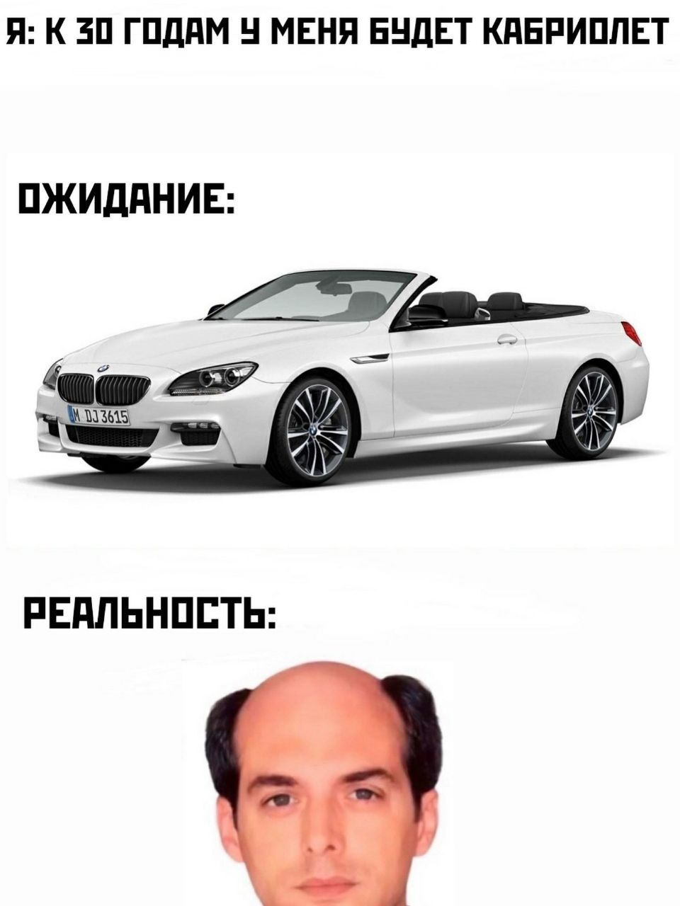 Я: к 30 годам у меня будет кабриолет

ОЖИДАНИЕ:

(изображение кабриолета)

РЕАЛЬНОСТЬ:

(изображение лица)