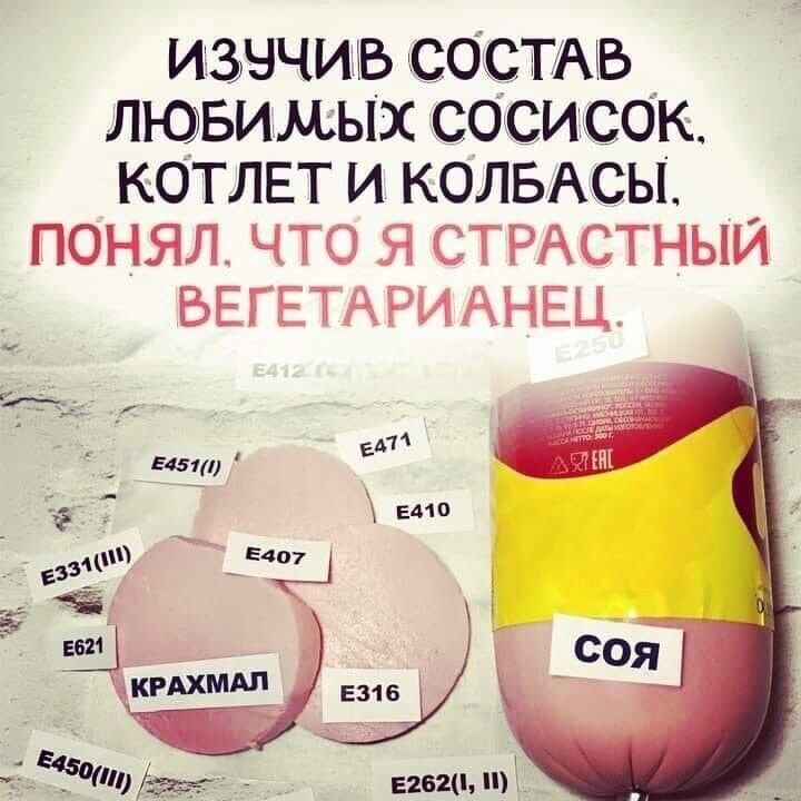 ИЗУЧИВ СОСТАВ ЛЮБИМЫХ СОСИСКОК, КОТЛЕТ И КОЛБАСЫ, ПОНЯЛ, ЧТО Я СТРАСТНЫЙ ВЕГЕТАРИАНЕЦ.