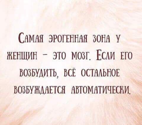 Самая эрогенная зона у женщин - это мозг. Если его возбудить, всё остальное возбудится автоматически.