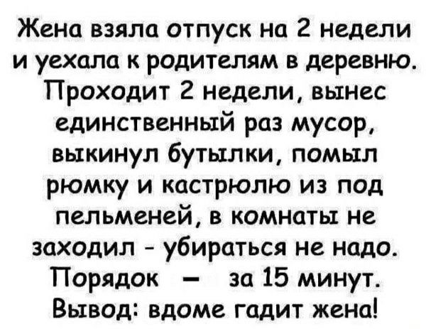Жена взяла отпуск на 2 недели и уехала к родителям в деревню. Проходит 2 недели, вынес единственный раз мусор, выкиннул бутылки, помыл рюмку и кастрюлю из под пельменей, в комнаты не заходил - убираться не надо. Порядок – за 15 минут. Вывод: вдоме гадит жена!