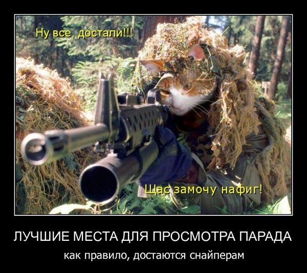 Ну все, достали!!!
Щас замочу нафиг!
ЛУЧШИЕ МЕСТА ДЛЯ ПРОСМОТРА ПАРАДА
как правило, достаются снайперам