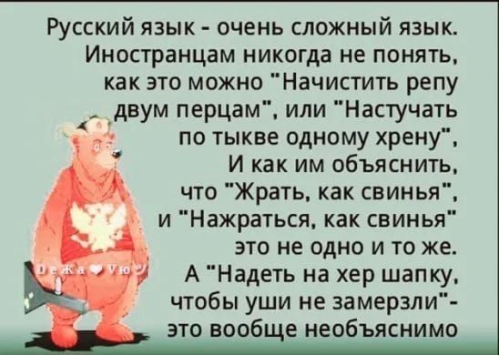 Русский язык - очень сложный язык. Иностранцам никогда не понять, как это можно “Начистить репу двум перцам”, или “Настучать по тыкве одному хрену”, И как им объяснить, что “Жрать, как свинья”, и “Нажраться, как свинья” это не одно и то же. А “Надеть на шапку, чтобы уши не замерзли” - это вообще необъяснимо