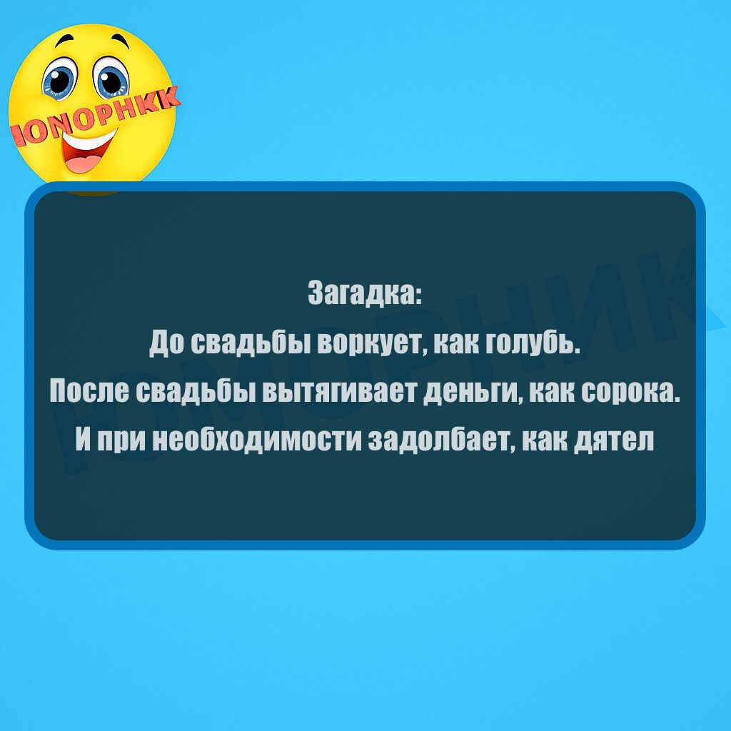 Загадка:
До свадьбы воркует, как голубь.
После свадьбы вытягивает деньги, как сорока.
И при необходимости задолбает, как дятел
