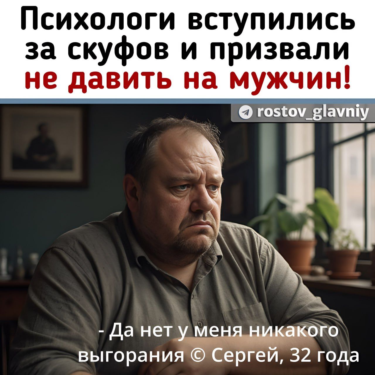 Психологи вступились за скуфов и призвали не давить на мужчин!
- Да нет у меня никакого выгорания © Сергей, 32 года
