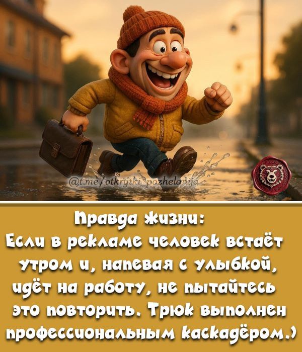 Правда жизни: Если в рекламе человек встаёт утром и, напевая с улыбкой, идёт на работу, не пытайтесь это повторить. Трюк выполнен профессиональным каскадёром.)