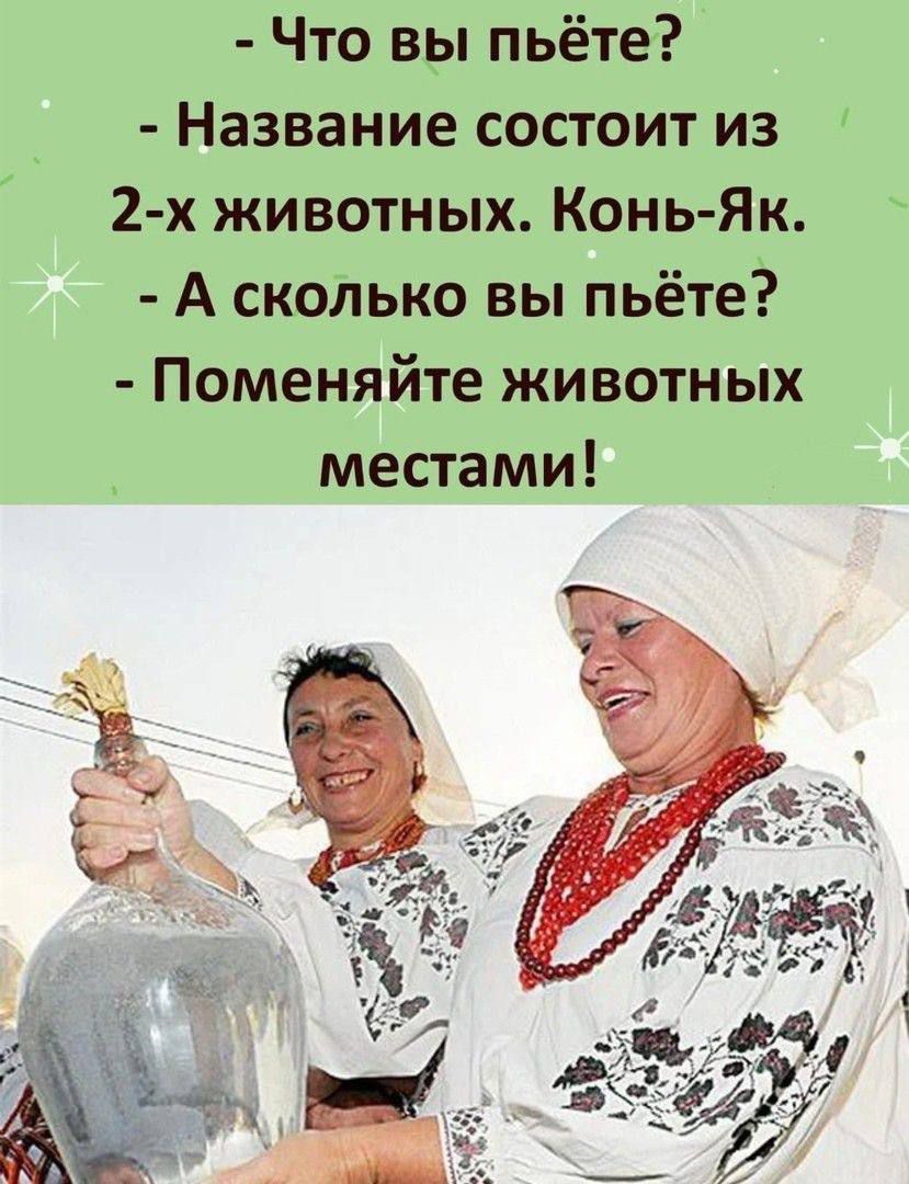 - Что вы пьёте?
- Название состоит из 2-х животных. Конь-Як.
- А сколько вы пьёте?
- Поменяйте животных местами!