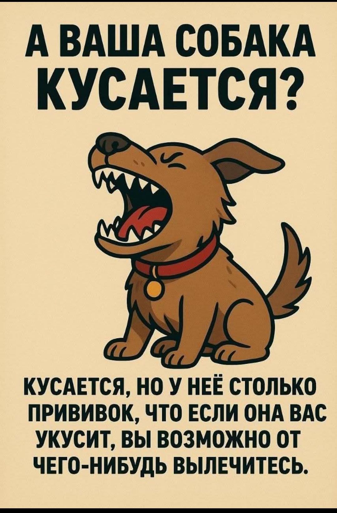 А ваша собака кусается? Кусается, но у неё столько прививок, что если она вас укусит, вы возможно от чего-нибудь вылечитесь.