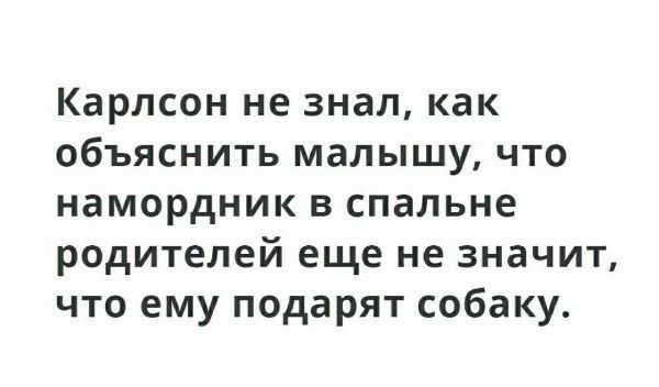 Карлсон не знал, как объяснить малышу, что намордник в спальне родителей еще не значит, что ему подарят собаку.