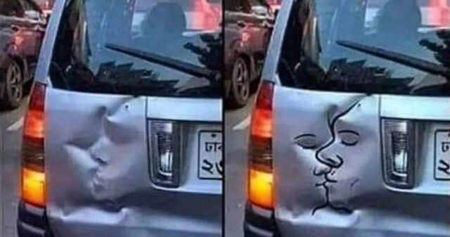 Бампер автомобиля с рисунком лица, изображение поцелуя