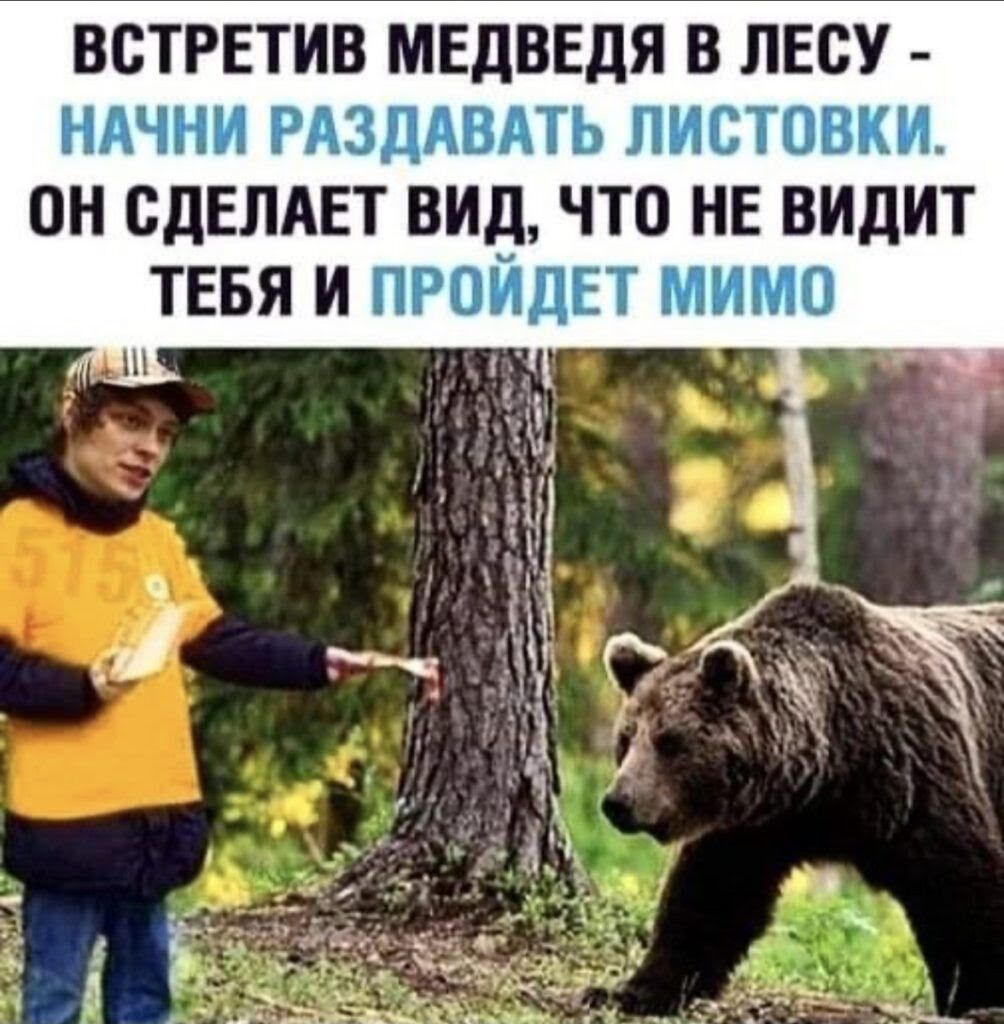 ВСТРЕТИВ МЕДВЕДЯ В ЛЕСУ - НАУЧНИ РАЗДАВАТЬ ЛИСТОВКИ. ОН СДЕЛАЕТ ВИД, ЧТО НЕ ВИДИТ ТЕБЯ И ПРОЙДЕТ МИМО