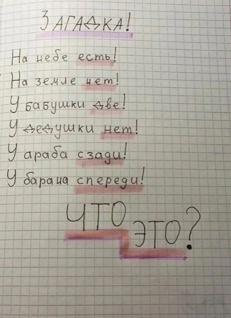 ЗАГАДКА!
На небе есть!
На земле нет!
У бабушки две!
У дедушки нет!
У араба сзади!
У барана спереди!
ЧТО ЭТО?