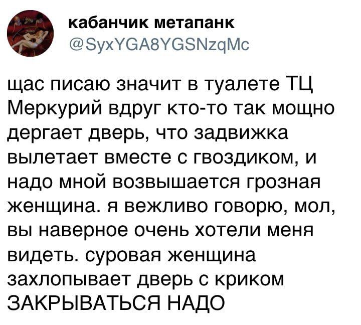 щас пишаю значит в туалете ТЦ Меркурий вдруг кто-то так мощно дергает дверь, что задвижка вылетает вместе с гвоздиком, и надо мной возвышается грозная женщина. я вежливо говорю, мол, вы наверно очень хотели меня видеть. суровая женщина захлопывает дверь с криком ЗАКРЫВАТЬСЯ НАДО