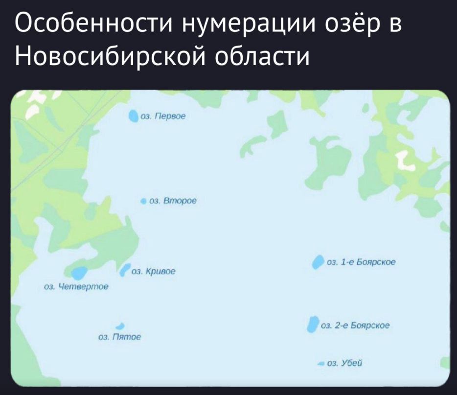 Особенности нумерации озёр в Новосибирской области
оз. Первое
оз. Второе
оз. Кривое
оз. Четвертое
оз. Пятое
оз. 1-е Барское
оз. 2-е Барское
оз. Убей