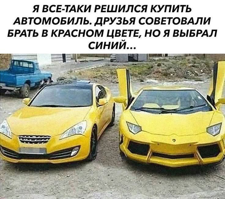 Я ВСЕ-ТАKИ РЕШИЛСЯ КУПИТЬ АВТОМОБИЛЬ. ДРУЗЬЯ СОВЕТОВАЛИ БРАТЬ В КРАСНОМ ЦВЕТЕ, НО Я ВЫБРАЛ СИНИЙ...