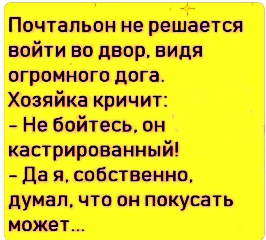 Почтальон не решается войти во двор, видя огромного дога. Хозяйка кричит:
- Не бойтесь, он кастрированный!
- Да я, собственно, думал, что он покусать может...