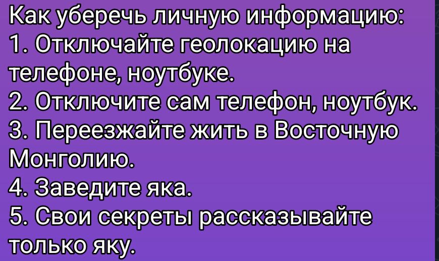 Как уберечь личную информацию: 1. Отключайте геолокацию на телефоне, ноутбуке. 2. Отключите сам телефон, ноутбук. 3. Переезжайте жить в Восточную Монголию. 4. Заведите якa. 5. Свои секреты рассказывайте только якy.