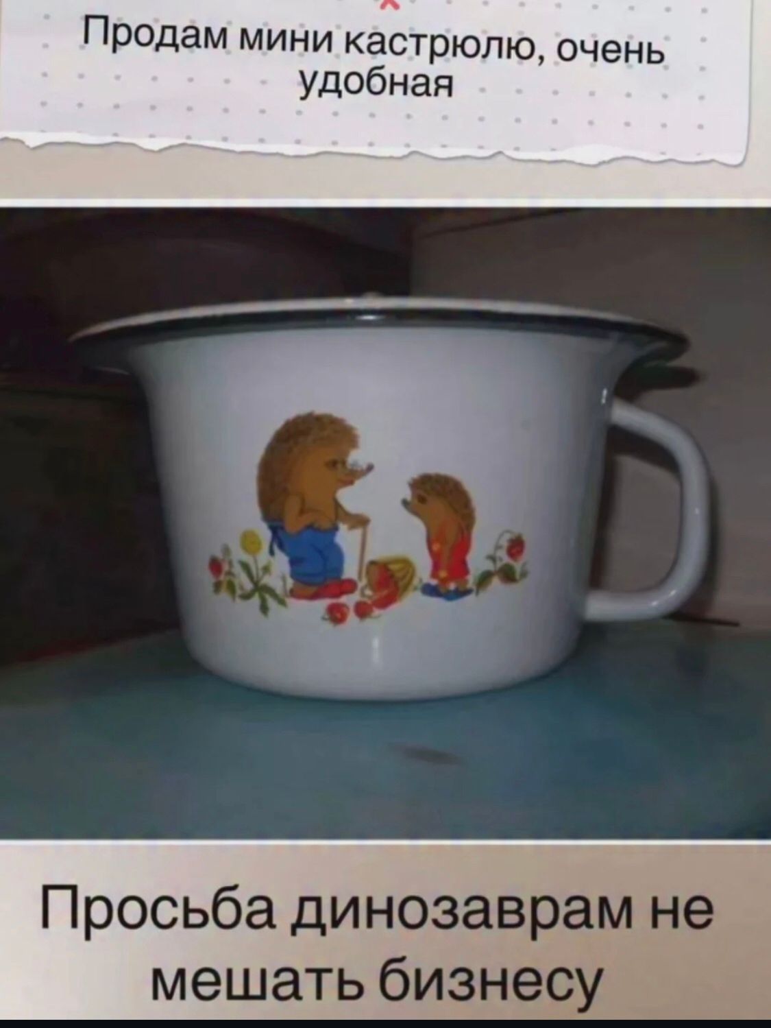 Продам мини кастрюлю, очень удобная\nПросьба динозаврам не мешать бизнесу