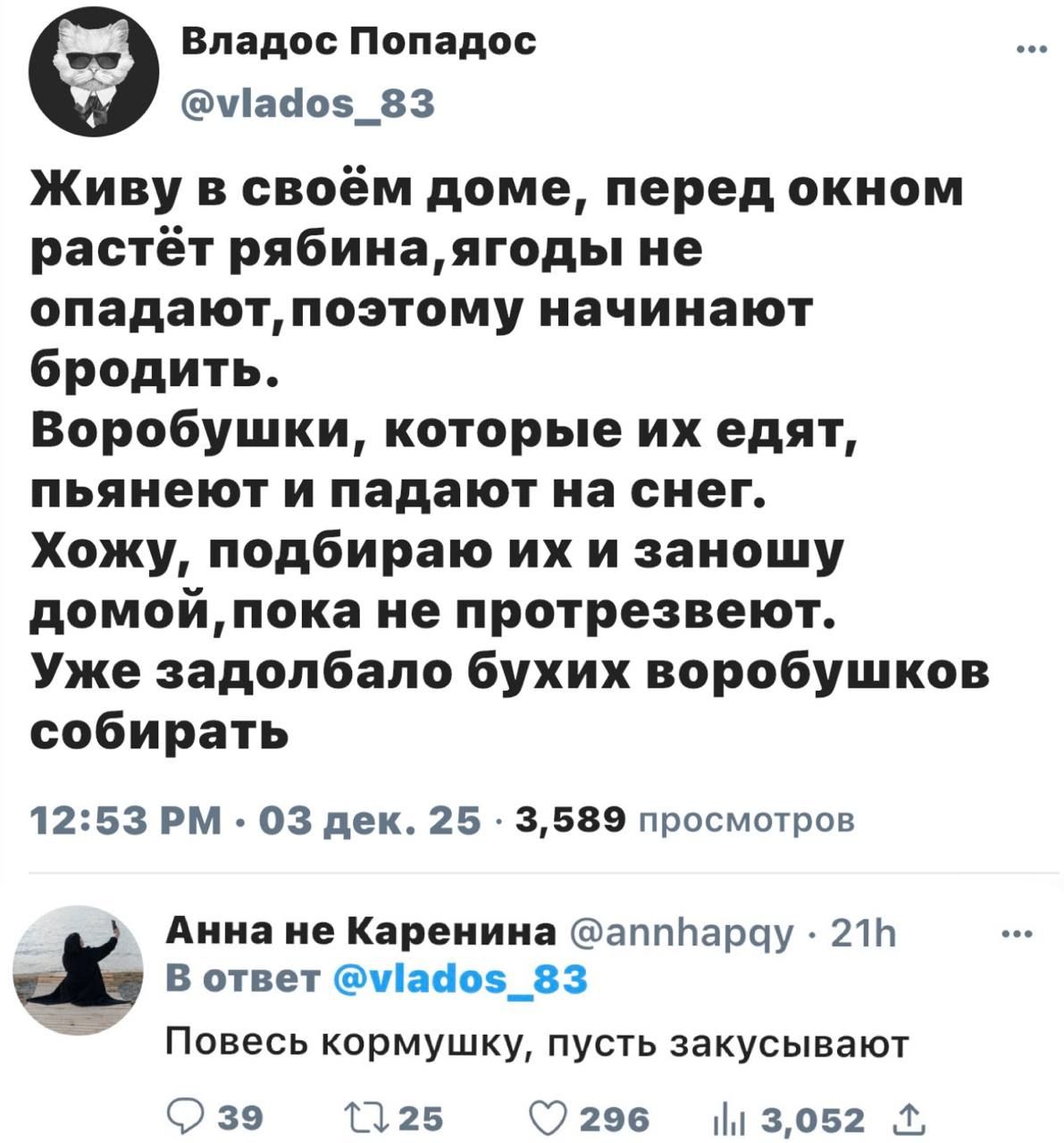 Живу в своём доме, перед окном растёт рябина, ягоды не опадают, поэтому начинают бродить. Воробушки, которые их едят, пьянеют и падают на снег. Хожу, подбираю их и заношу домой, пока не протрезвеют. Уже задолбало бухих воробушков собирать