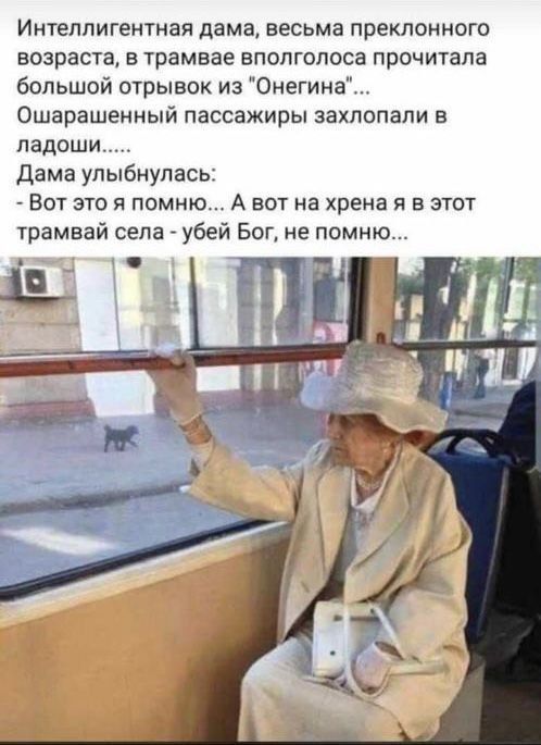 Интеллигентная дама, весьма преклонного возраста, в трамвае вполголоса прочитала большой отрывок из «Онегина»... Ошарашенные пассажиры захлопали в ладоши... Дама улыбнулась: - Вот это я помню... А вот на хрена я в этот трамвай села – убей Бог, не помню...