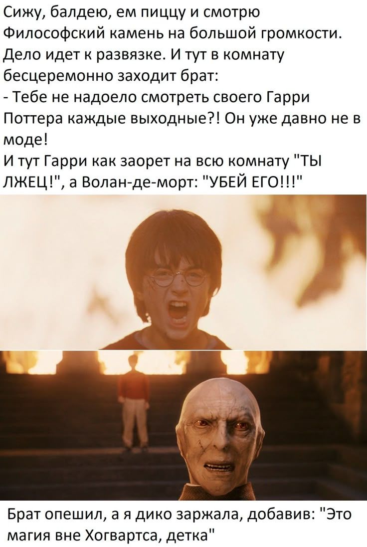 Сижу, балдею, ем пиццу и смотрю Философский камень на большой громкости. Дело идет к развязке. И тут в комнату бесцеремонно заходит брат: - Тебе не надоело смотреть своего Гарри Поттера каждЫе выходные?! Он уже давно не в моде! И тут Гарри как заорёт на всю комнату 
