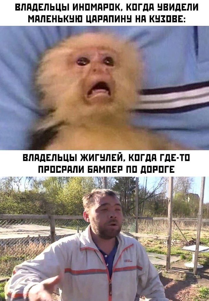 ВЛАДЕЛЬЦЫ ИНОМАРОК, КОГДА УВИДЕЛИ МАЛЕНЬКУЮ ЦАРАПИНУ НА КУЗОВЕ:\nВЛАДЕЛЬЦЫ ЖИГУЛЕЙ, КОГДА ГДЕ-ТО ПРОСРАЛИ БАМПЕР ПО ДОРОГЕ