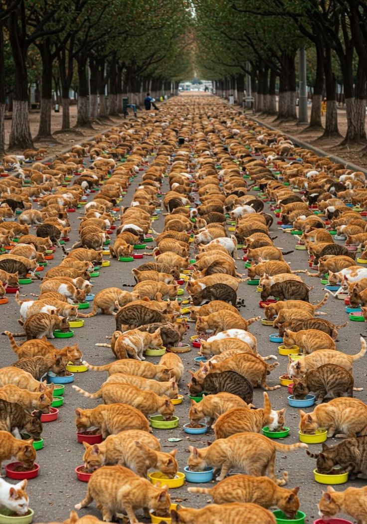 Много кошек на улице, каждая с миской пищи.