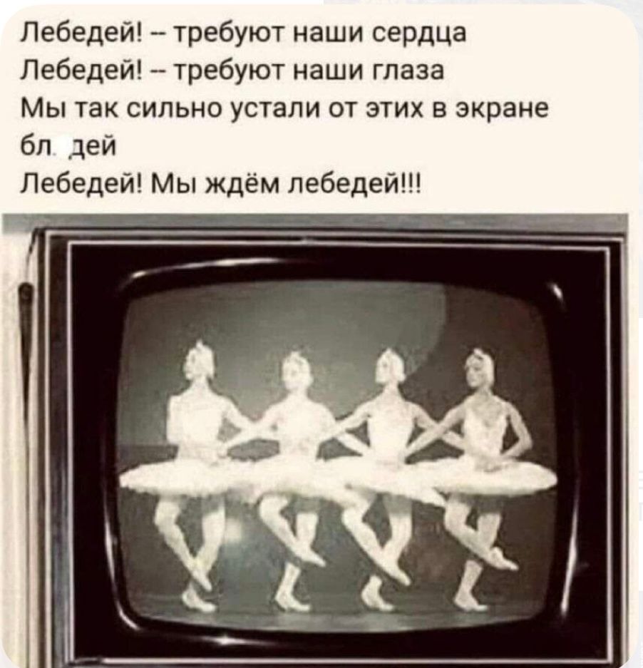 Лебедей! -- требуют наши сердца
Лебедей! -- требуют наши глаза
Мы так сильно устали от этих в экране
бл. дей
Лебедей! Мы ждём лебедей!!!