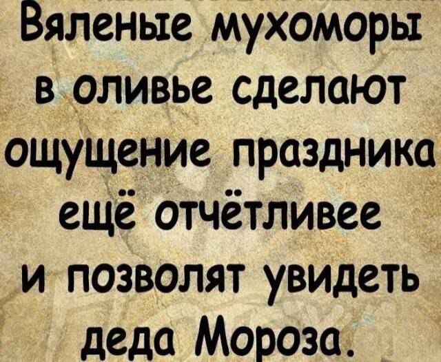 Вяленые мухоморы в оливье сделают ощущение праздника ещё отчётливее и позволят увидеть деда Мороза.
