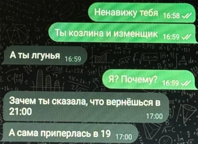 Ненавижу тебя
Ты козлина и изменщик
А ты лгунья
Я? Почему?
Зачем ты сказала, что вернёшься в 21:00
А сама приперлась в 19