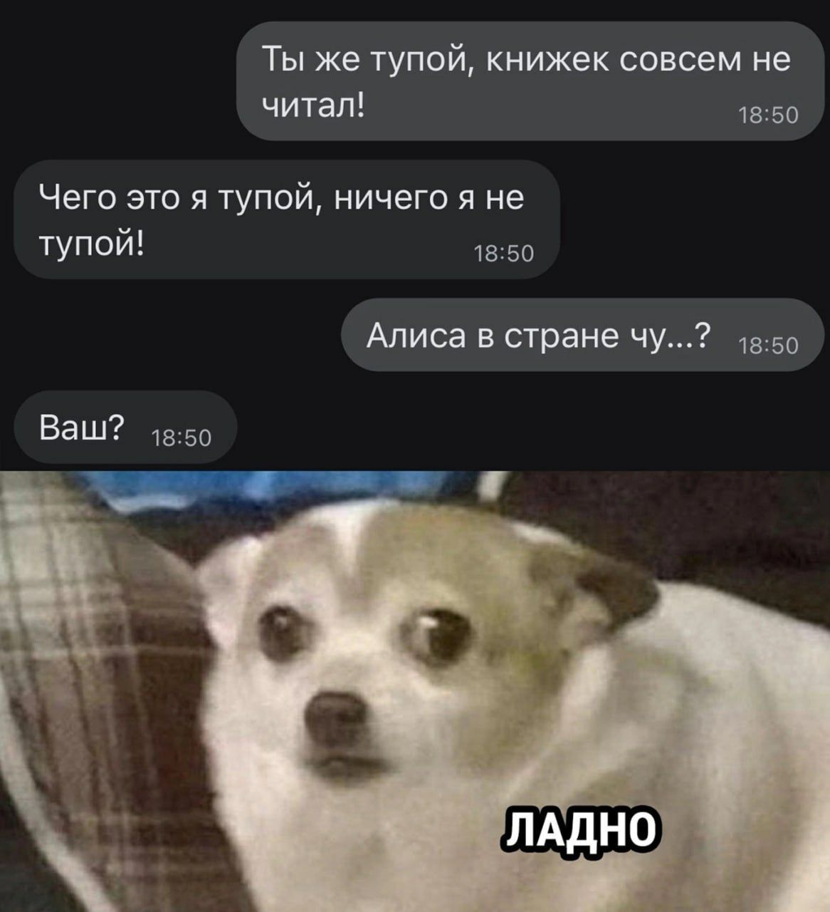 Ты же тупой, книжек совсем не читал!
Чего это я тупой, ничего я не тупой!
Алиса в стране чу...?
Ваш?
ЛАДНО