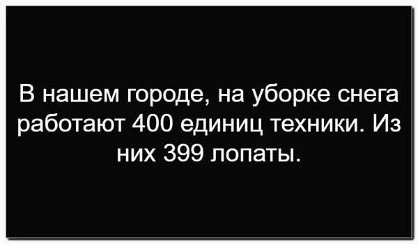 В нашем городе, на уборке снега работают 400 единиц техники. Из них 399 лопаты.