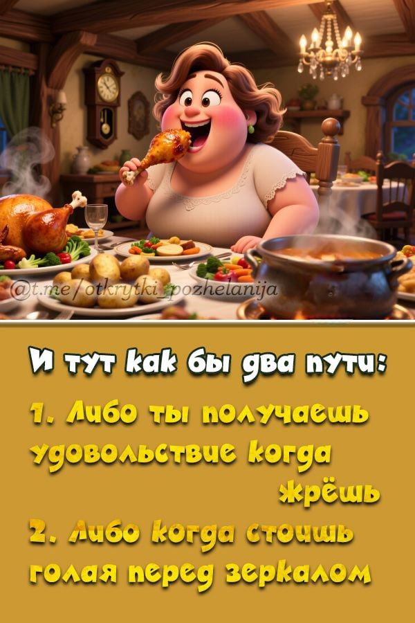 И тут как бы два пути: 1. Либо ты получаешь удовольствие когда жрёшь 2. Либо когда стоишь голая перед зеркалом