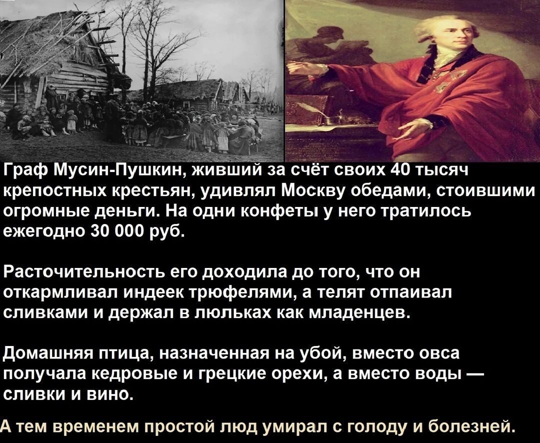 Граф Мусин-Пушкин, живший за счёт своих 40 тысяч крепостных крестьян, удивлял Москву обедами, стоившими огромные деньги. На его конвое (?) он откармливал триофеями (?), телят отдавал в пользование, держал их в люльках как младенцев. Домашняя птица, назначенная на убой, вместо овса получала кедровые орехи, а вместо воды — сливки и вино. А тем времен
