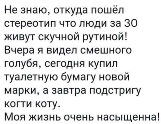 Не знаю, откуда пошёл стереотип что люди за 30 живут скучной рутиной! Вчера я видел смешного голубя, сегодня купил туалетную бумагу новой марки, а завтра подстригу когти коту. Моя жизнь очень насыщенная!