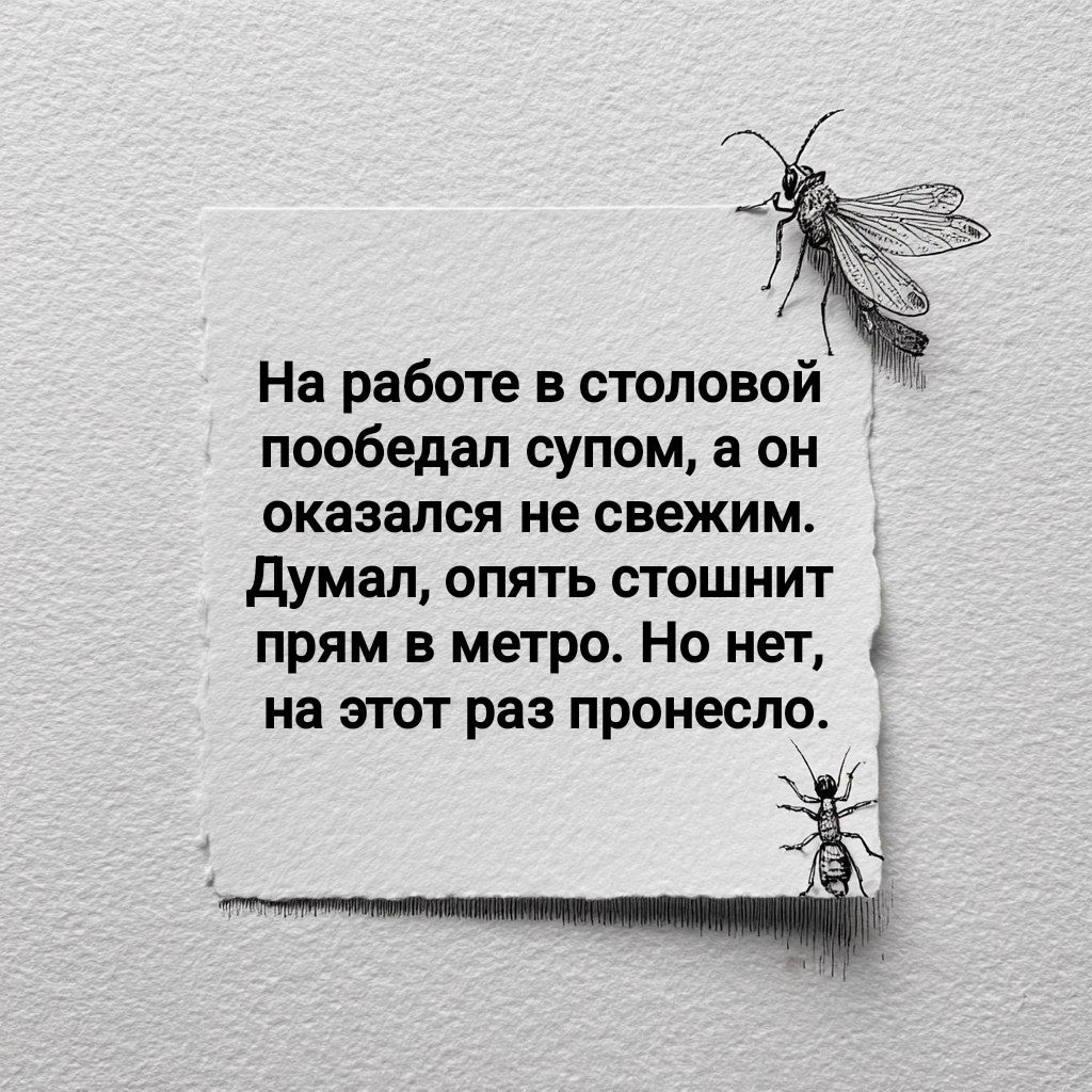 На работе в столовой пообедал супом, а он оказался не свежим. Думал, опять стошнит прямо в метро. Но нет, на этот раз пронесло.