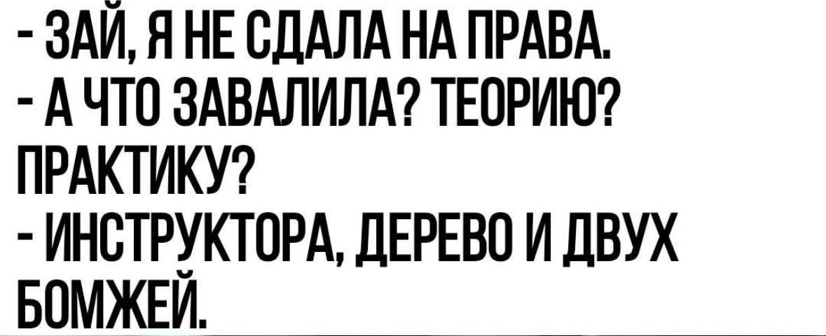 - ЗАЙ. Я НЕ СДАЛА НА ПРАВА.\n- А ЧТО ЗАВАЛИЛА? ТЕОРИЮ?\nПРАКТИКУ?\n- ИНСТРУКТОРА, ДЕРЕВО И ДВУХ БОМЖЕЙ.