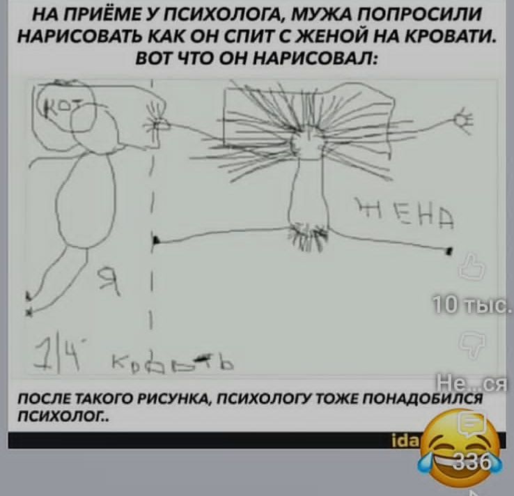 На приёме у психолога, мужа попросили нарисовать как он спит с женой на кровати. Вот что он нарисовал: После такого рисунка, психологу тоже понадобился психолог..