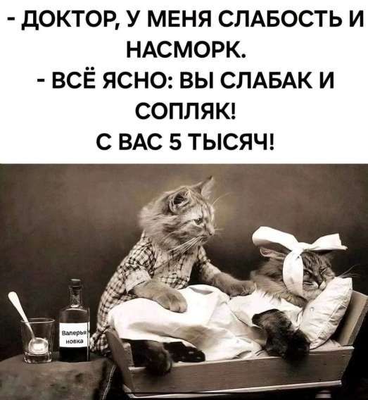 - ДОКТОР, У МЕНЯ СЛАБОСТЬ И НАСМОРК. - ВСЁ ЯСНО: ВЫ СЛАБАК И СОПЛЯК! С ВАС 5 ТЫСЯЧ!