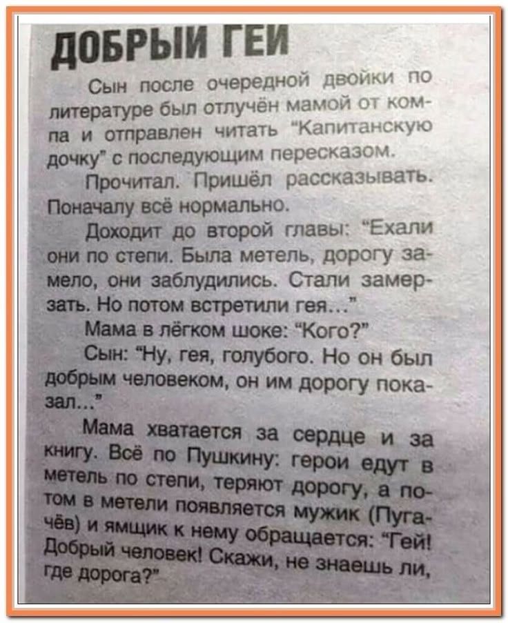 ДОБРЫЙ ГЕЙ

Сын после очередной двойки по литературе был отлучён мамой от компьютера и отправлен читать «Капитанскую дочь» с последующим пересказом.
Прочитал. Пришёл рассказывать. Поначалу всё нормально...
Доходит до второй главы: «Ехали они по степи. Была метель, дорогу занело, они заблудились. Стали замерзать. Но потом встретили гея...»
Мама в лё