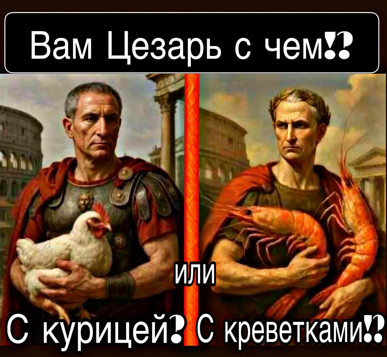 Вам Цезарь с чем?! Или С курицей? С креветками?!