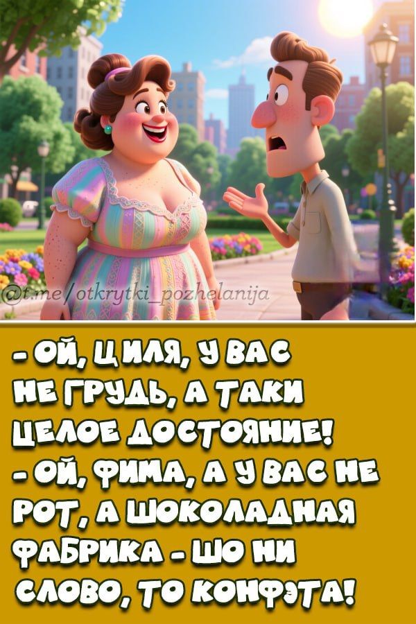 - ОЙ, ЦІЛЯ, У ВАС НЕ ГРУДЬ, А ТАКИ ЧЕЛОЄ ДОСТОЯНІЕ! 
- ОЙ, ФІМА, А У ВАС НЕ РОТ, А ШОКОЛАДНАЯ ФАБРИКА - ШО НІ СЛОВО, ТО КОНФЕТА!